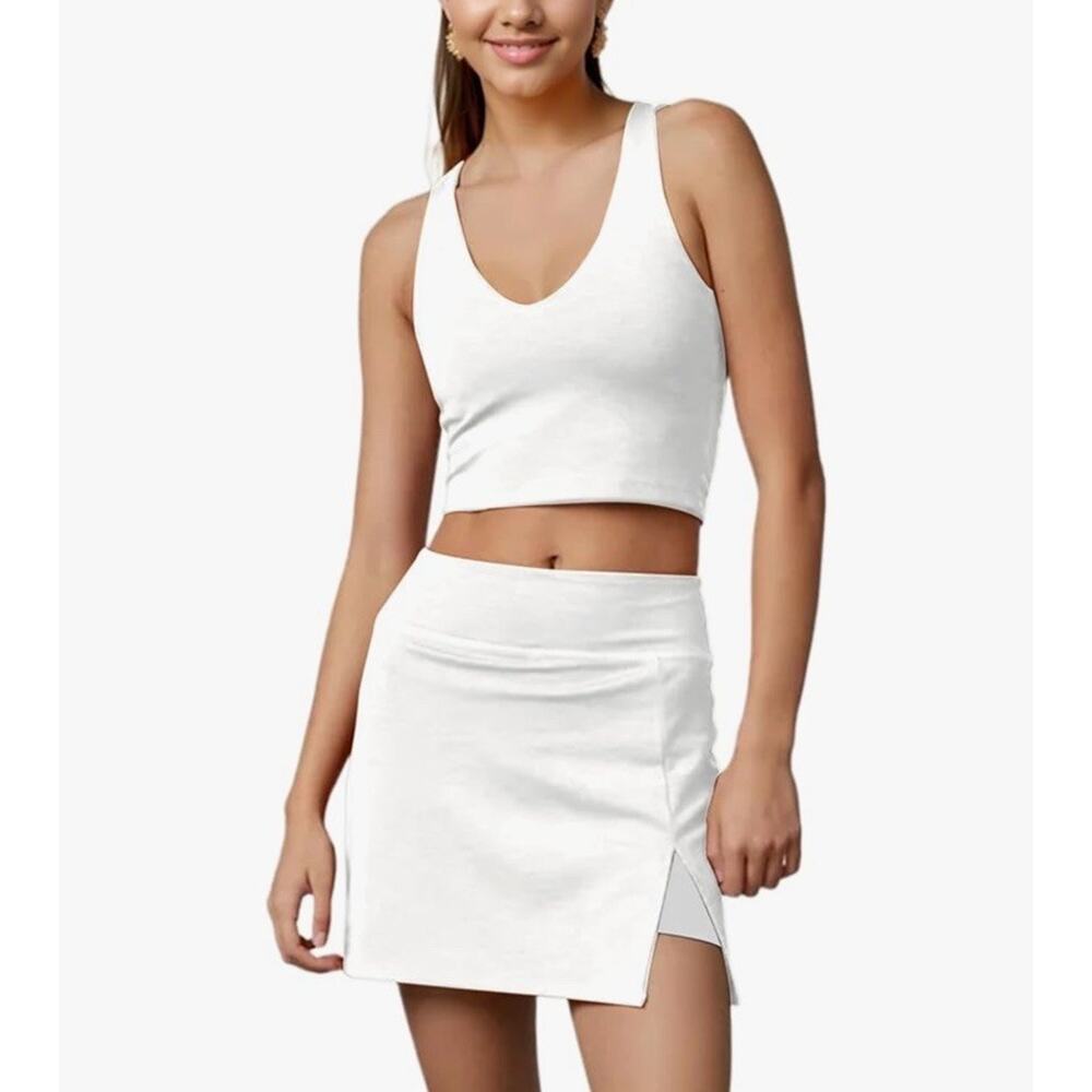 Womens 2 Piece Sleeveless Cropped Tank Tops High Waist Slit Mini Skirt L CC1